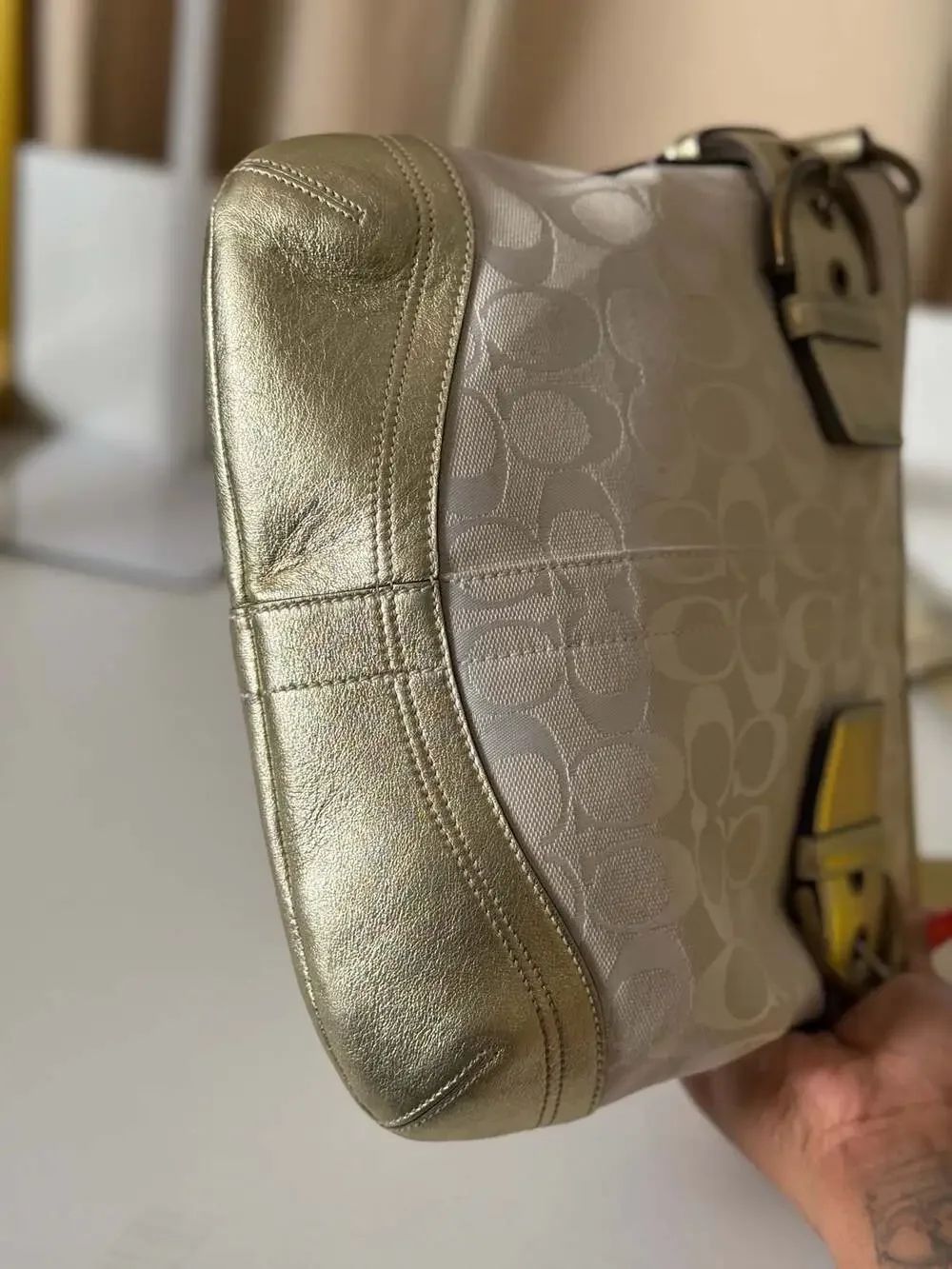 Coach Signature 3574 Hobo Shoulder Bag in Cream Canvas and Metallic Gold Leather